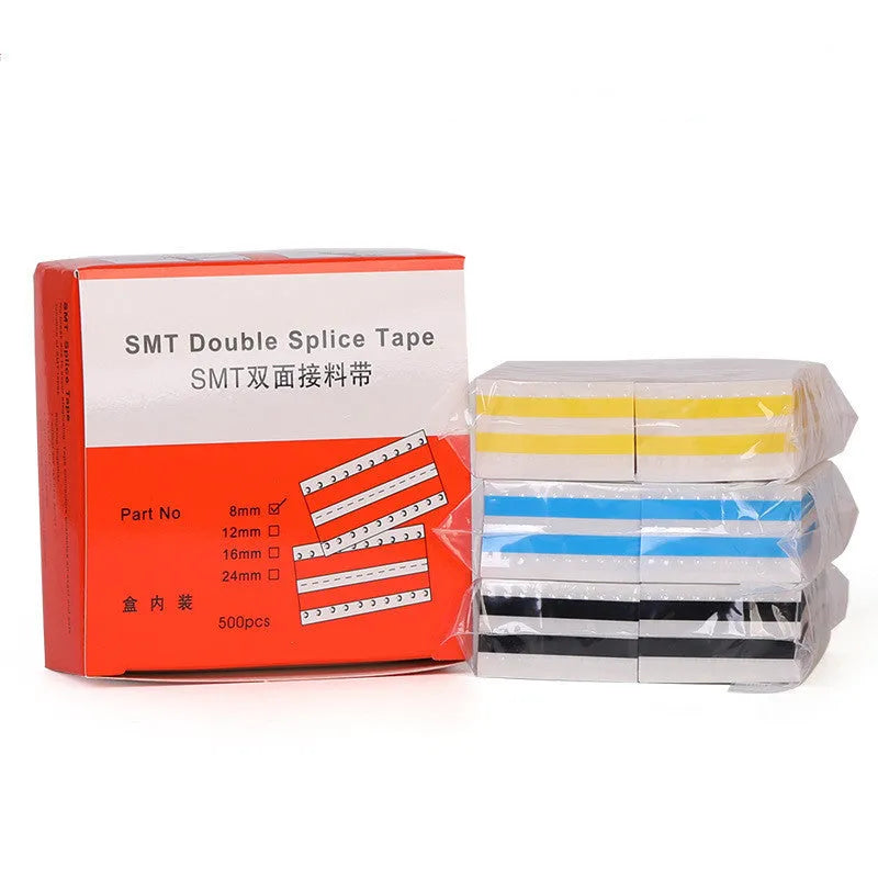 Rolls of yellow, black, blue, and beige SMT double-sided splicing tape in various widths for electronic assembly machines.