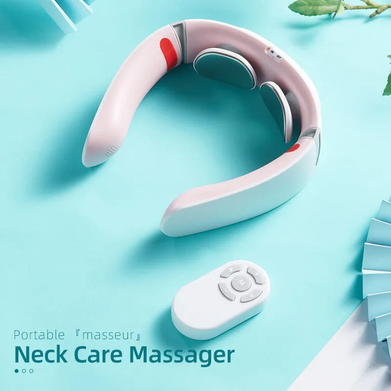 Grey white neck care massager with ergonomic design, voice control, and Bluetooth player
