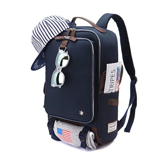Modern Korean-style men's backpack in Oxford cloth showing large capacity and available colour options.