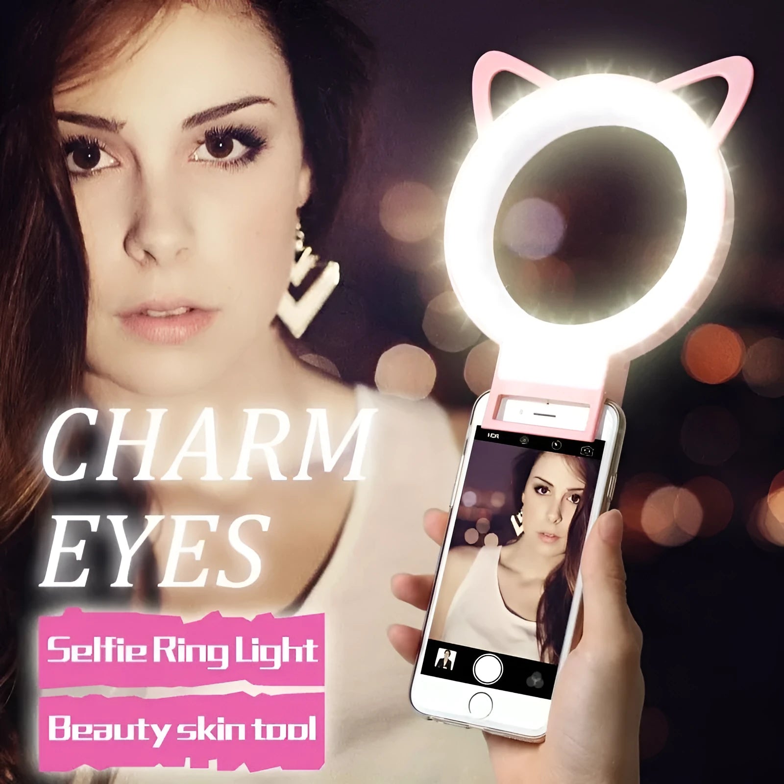 USB LED ring light selfie lamp for iPhone and Samsung smartphones, white colour, ABS construction