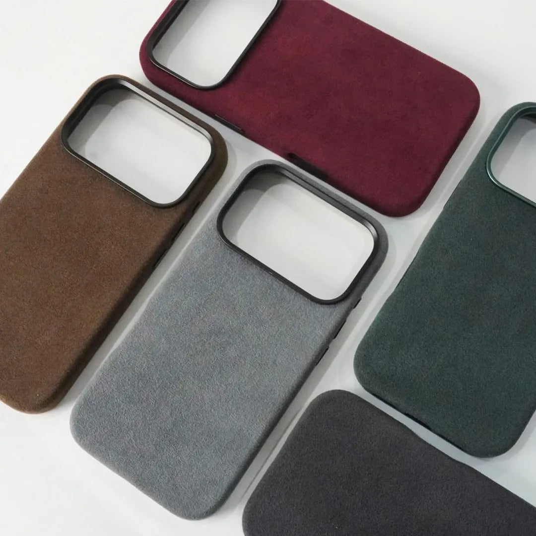 Handmade Alcantara phone case for iPhone 17 Pro Max, dark gray, with magnetic suction and anti-fingerprint finish