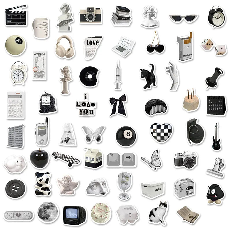 Black and white PVC waterproof sticker set with 61 pieces for multiple surfaces