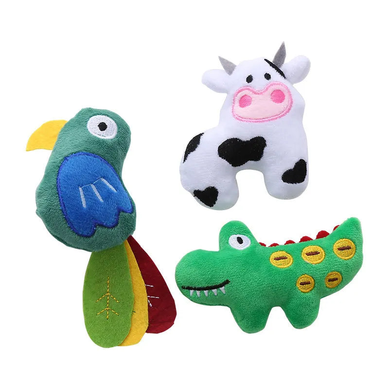 Plush cat toy shaped like a cow, parrot, or crocodile with catnip for interactive play