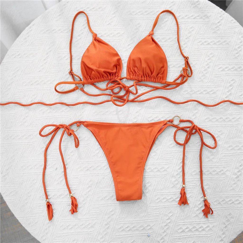 Ladies nylon shiny fabric strap bikini in brown solid colour with padded top, no steel support