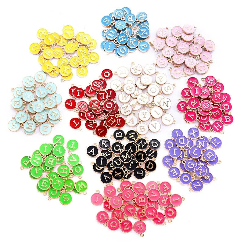Round drop oil English letter alloy pendant set in multiple colours for DIY jewellery making
