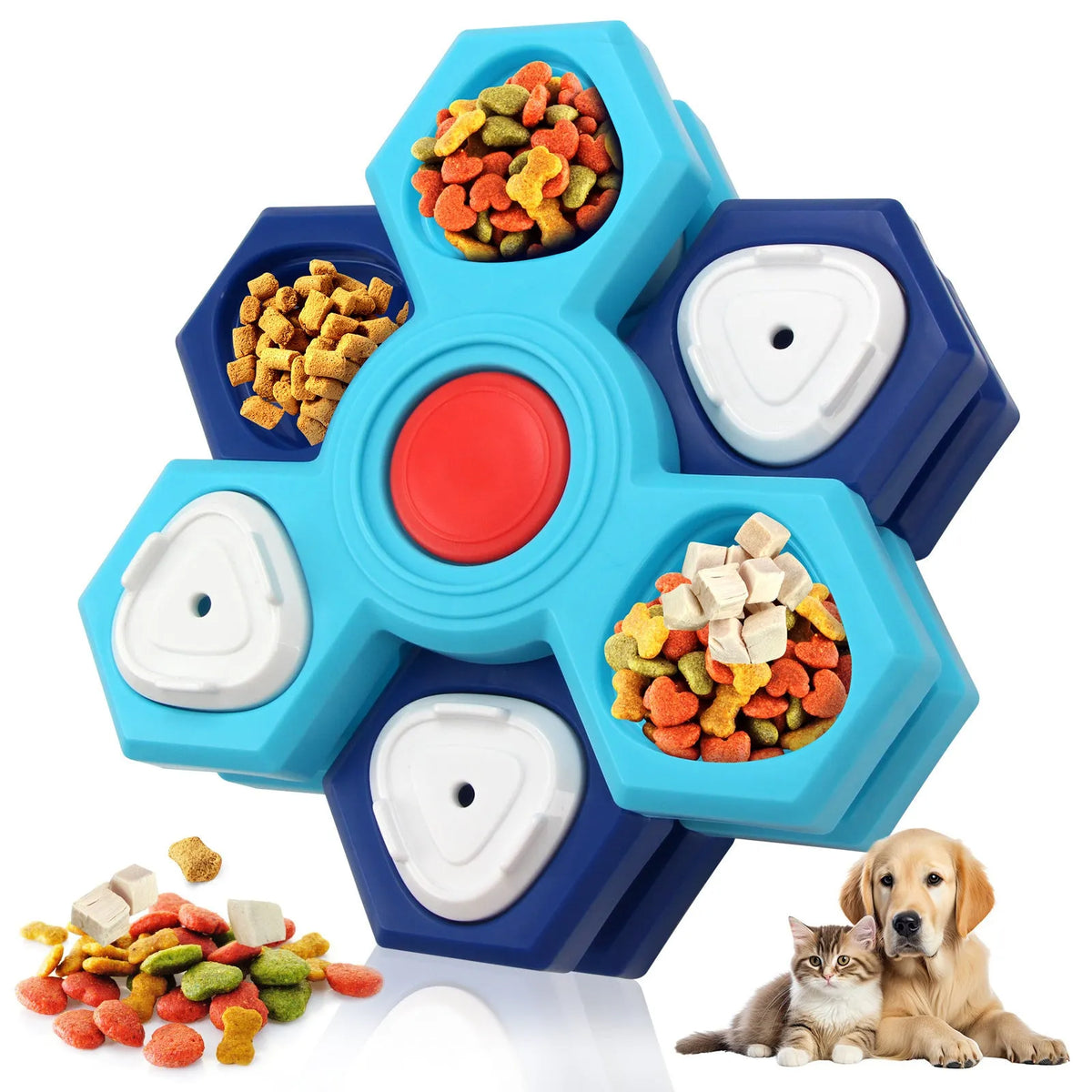 Blue plastic four-layer slow feeder puzzle dog bowl with non-slip base for interactive mealtime use