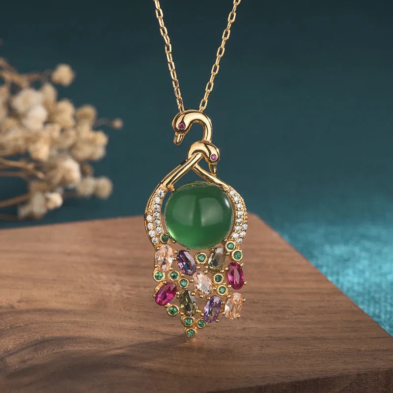 Green CP345 swan clavicle necklace with inlaid natural chalcedony and tourmaline in copper