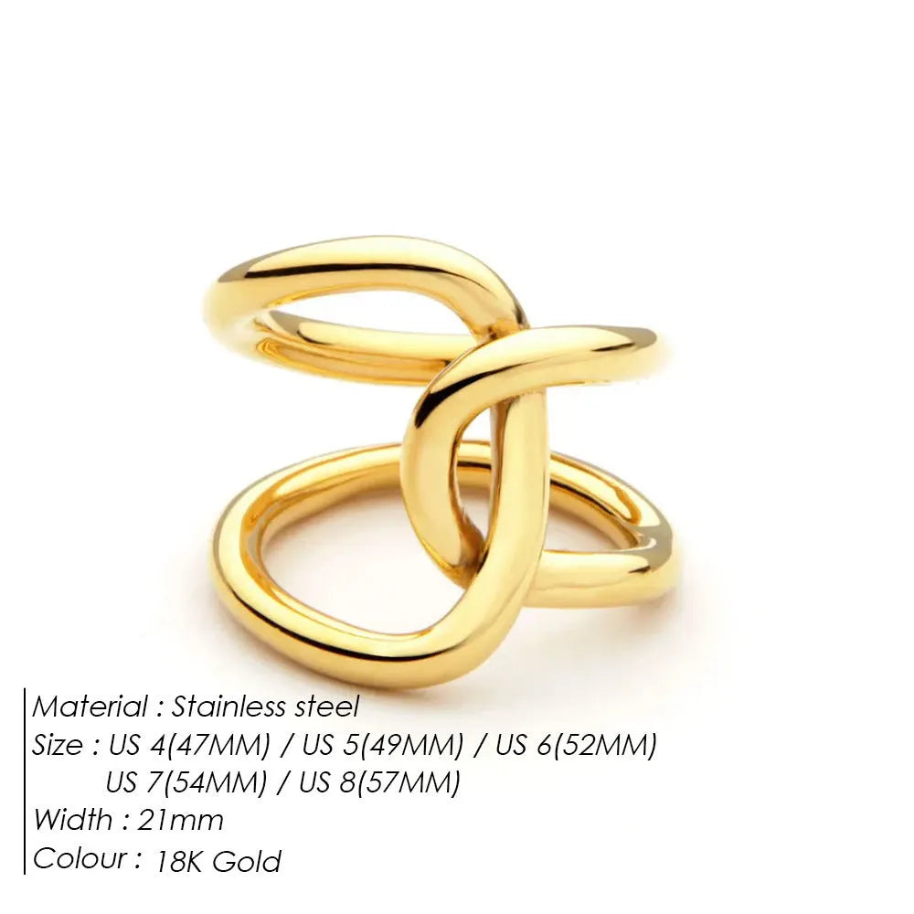 Women's stainless steel adjustable ring with knotted detail in gold or steel colour on a grey background.