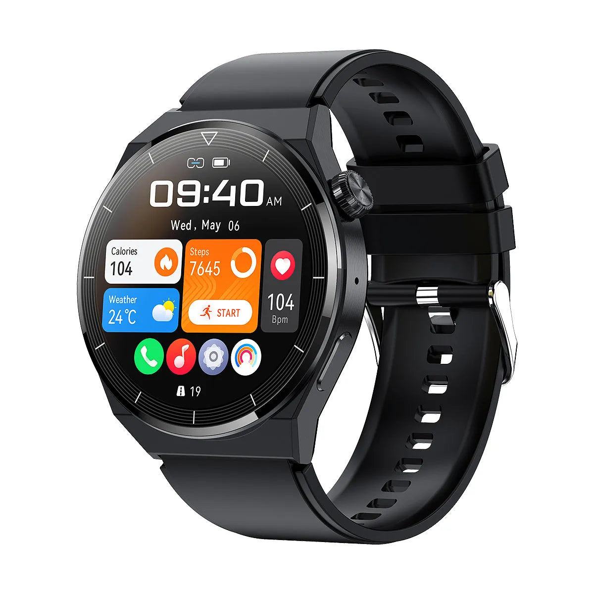 Round black smart watch with silicone strap displaying a home screen on its colour display.