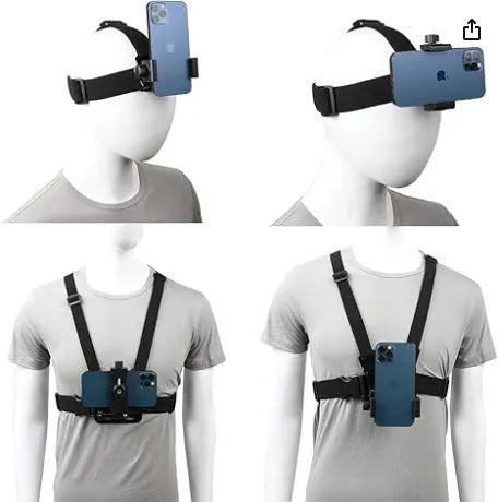 Black 9-in-1 PC chest strap and headband mounting kit for sports cameras and smartphones for hands-free first person recording