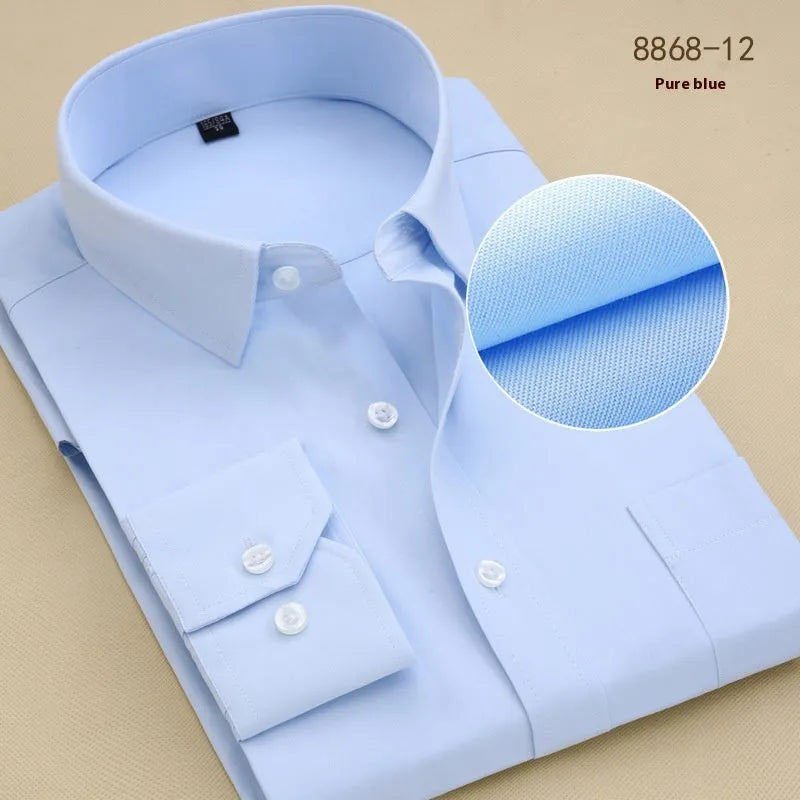 Men's black long sleeve business shirt with a regular slim fit, shown in a cardigan style.