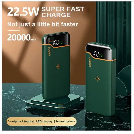 20000mAh power bank with 22.5W fast charging and 15W wireless recharge in retro green, business black, or white