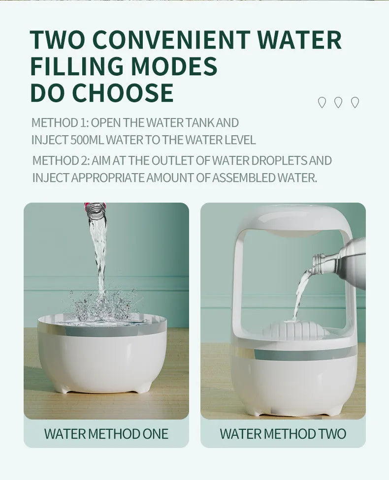 Anti-gravity humidifier with water droplet effect on desk next to USB cable
