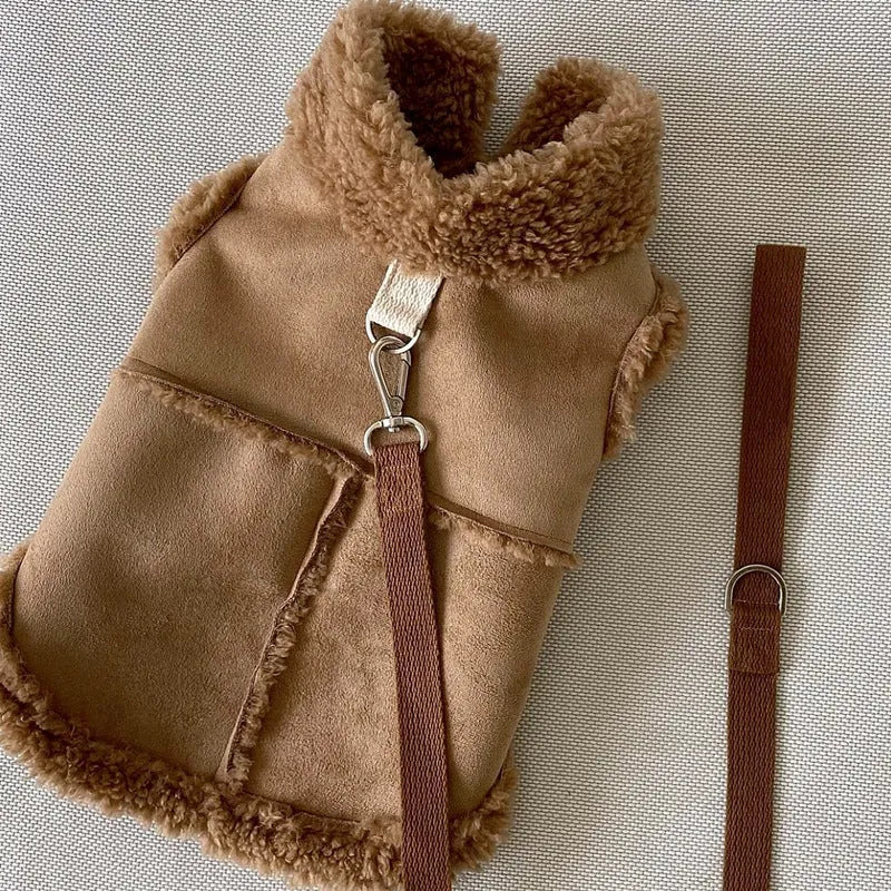 Pet autumn winter traction warm vest in brown, pink, or white, sizes XS to XL back length 20cm to 40cm