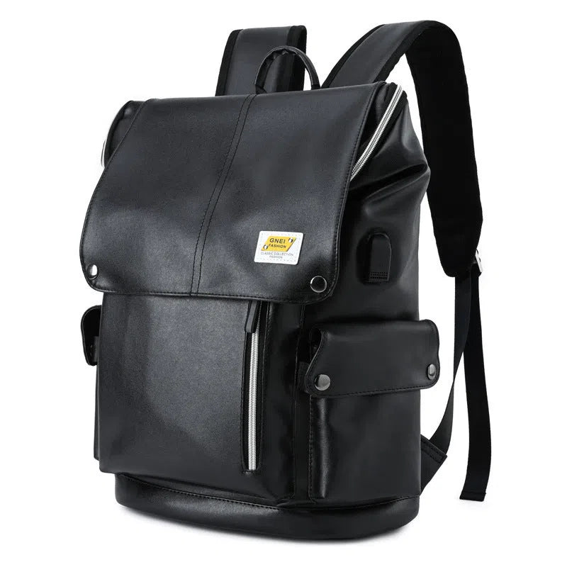 Large-capacity black water-resistant PU leather backpack for students, 16-inch size, featuring curved shoulder straps and solid colour finish