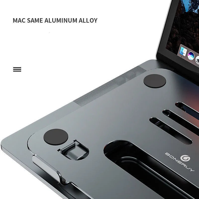 Gray silver aluminum alloy double-layer desktop computer stand with heat sink on a desk