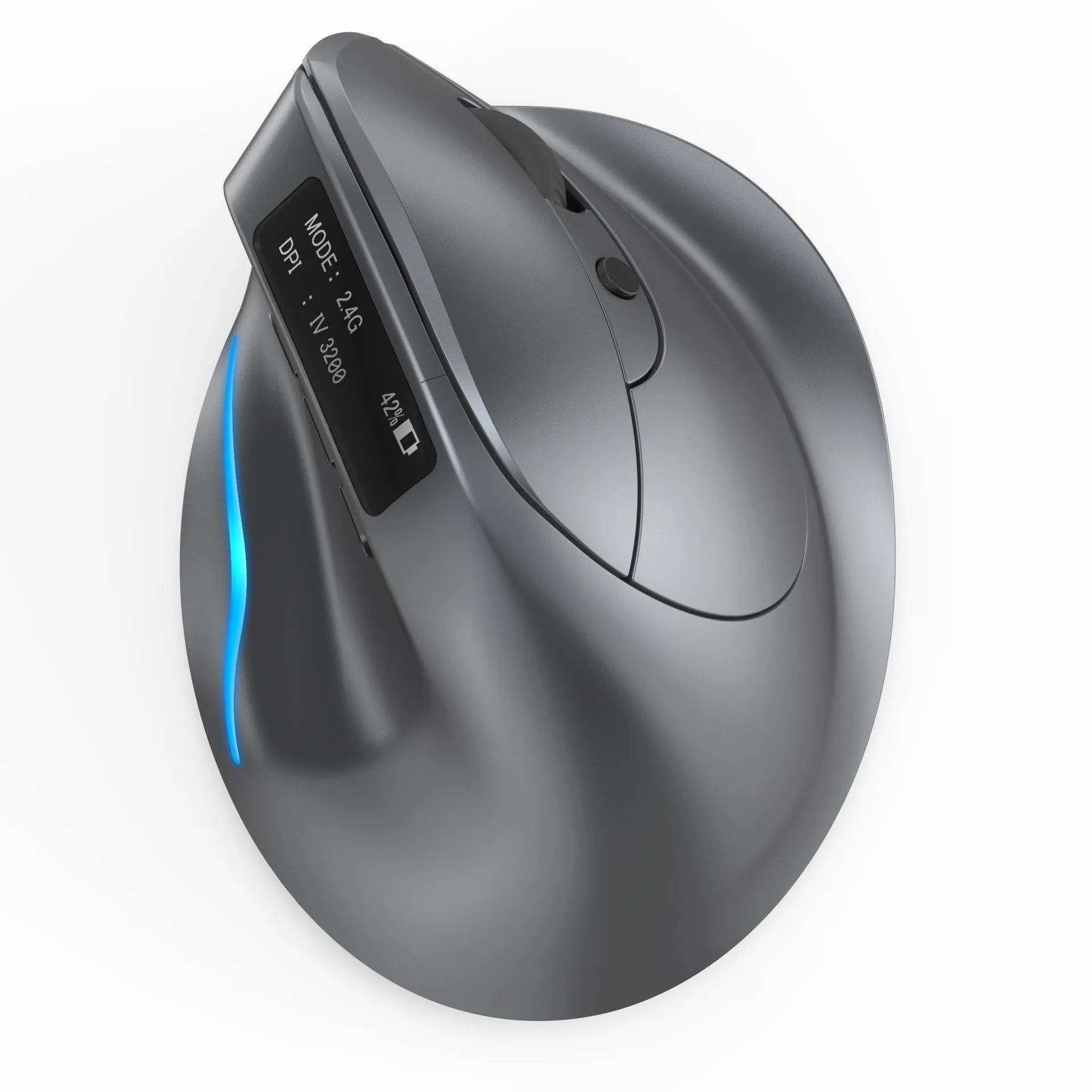 Grey vertical ergonomic Bluetooth mouse with USB charging port on a desk.