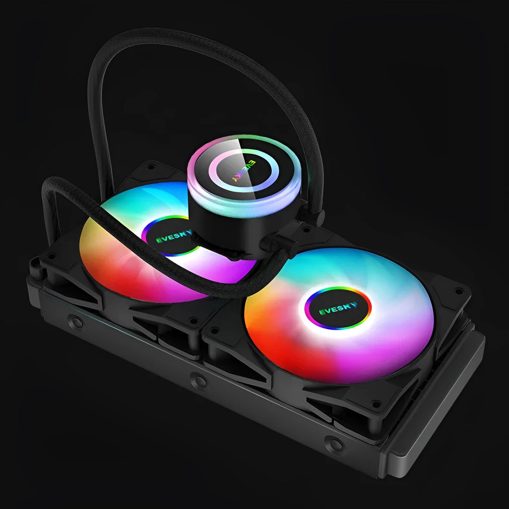 Aluminium CPU radiator with fan, shown in 120mm size with colour options.