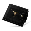 Black men's short wallet with animal print, showing zipper closure and multiple card slots.
