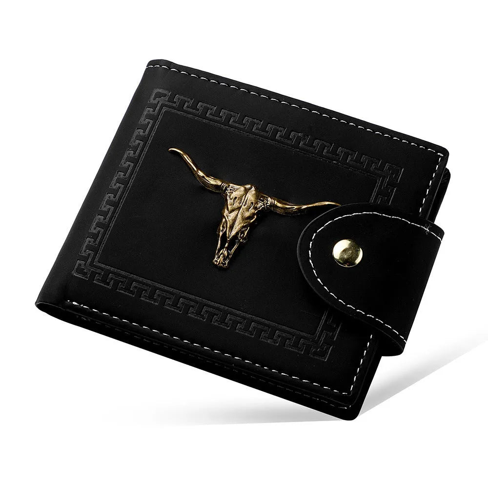 Black men's short wallet with animal print, showing zipper closure and multiple card slots.