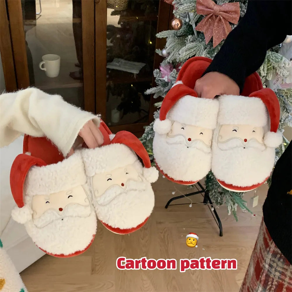 Red and white half-pack cute Santa Claus plush confinement slippers with suede upper and PVC sole