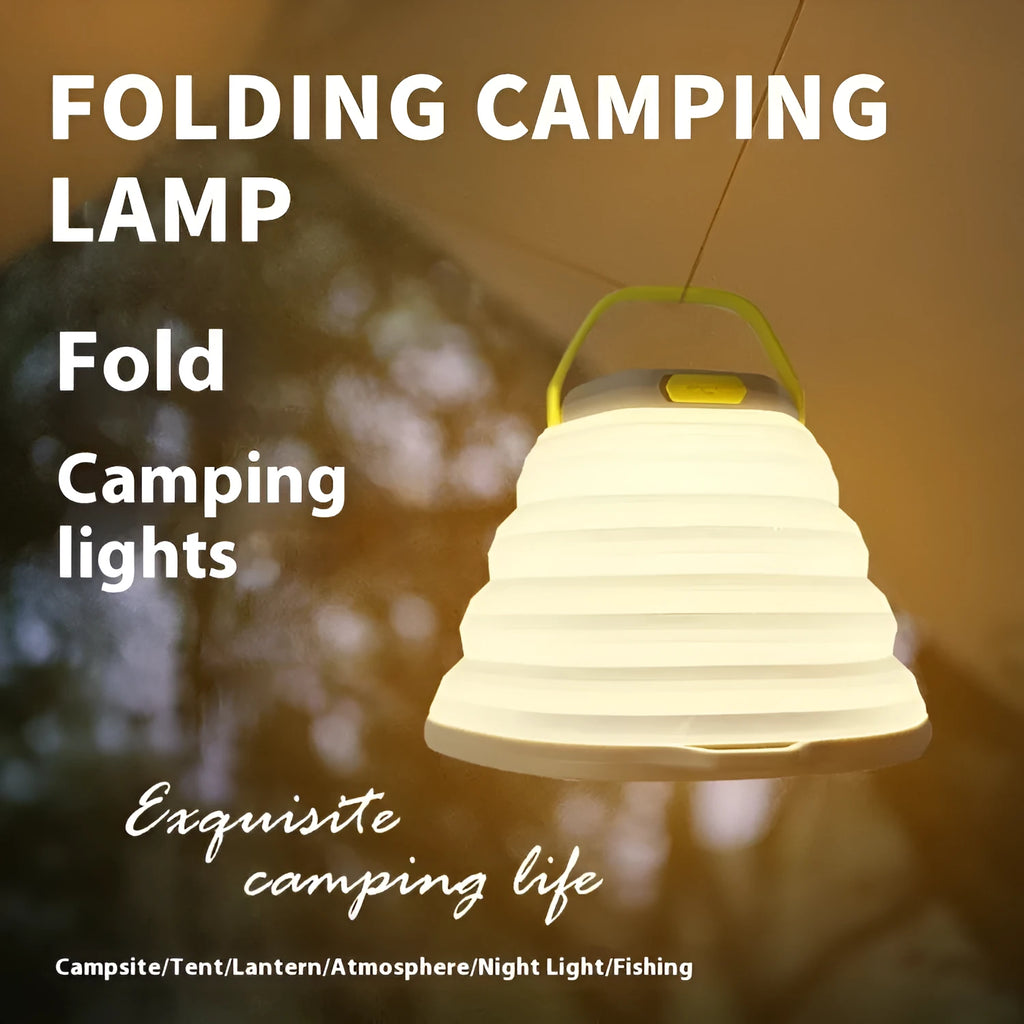 White plastic camping lamp with a large body and a single control button on the front.
