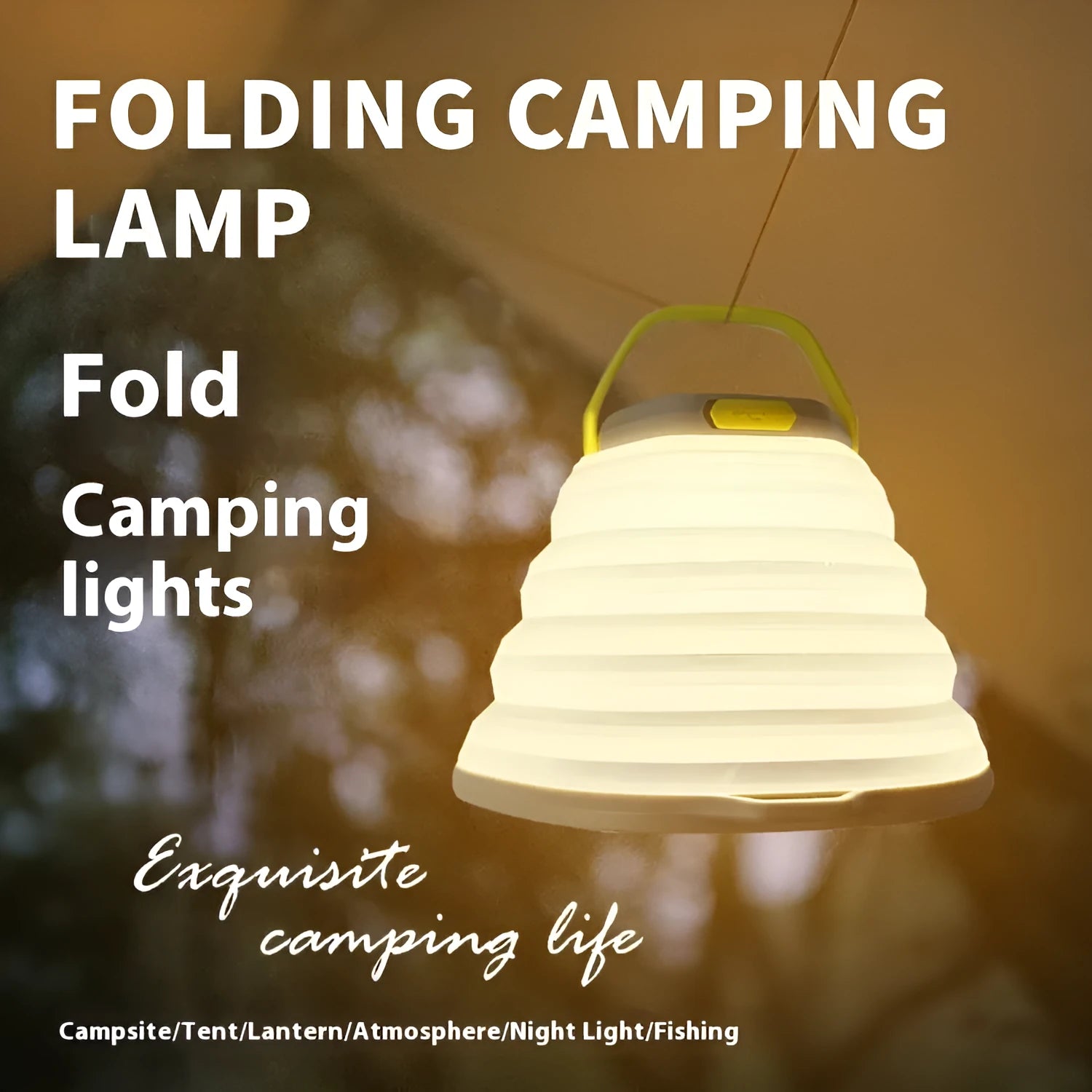 White plastic camping lamp with a large body and a single control button on the front.
