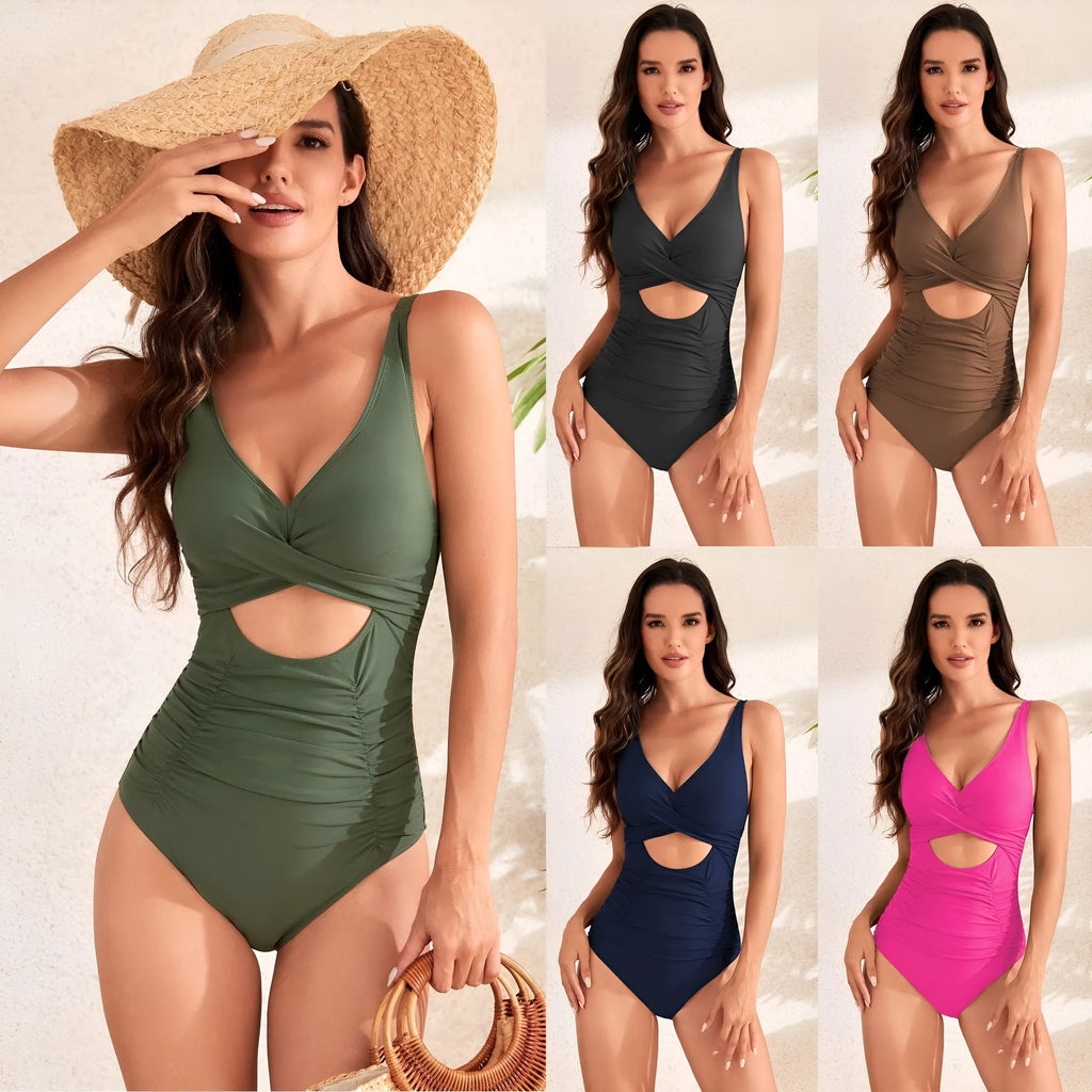 Solid colour high waist one-piece swimsuit with cross back design in nylon fabric
