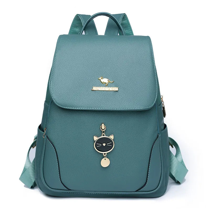 Casual black PU leather women's backpack with a three-dimensional front pocket.