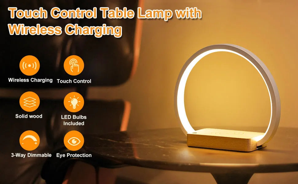 Wireless fast charging touch night light with solid wood base, USB powered, European style desk lamp Type A