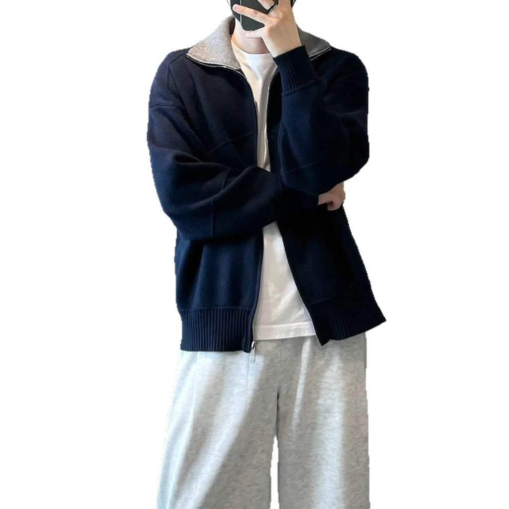 Men's loose fit contrast colour knitted cardigan sweater in apricot, front view, long sleeves, retro style