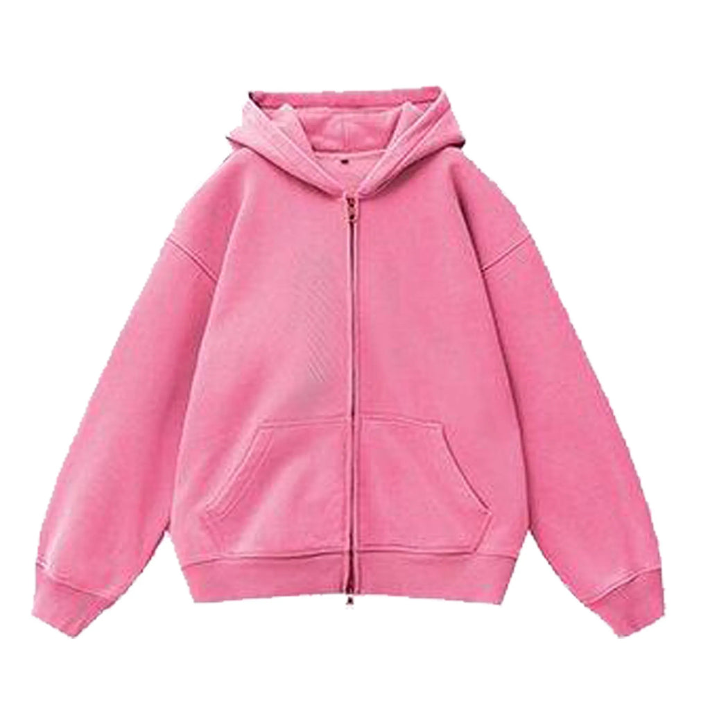 Woman wearing a distressed grey fleece-lined hooded cardigan with patch pockets.