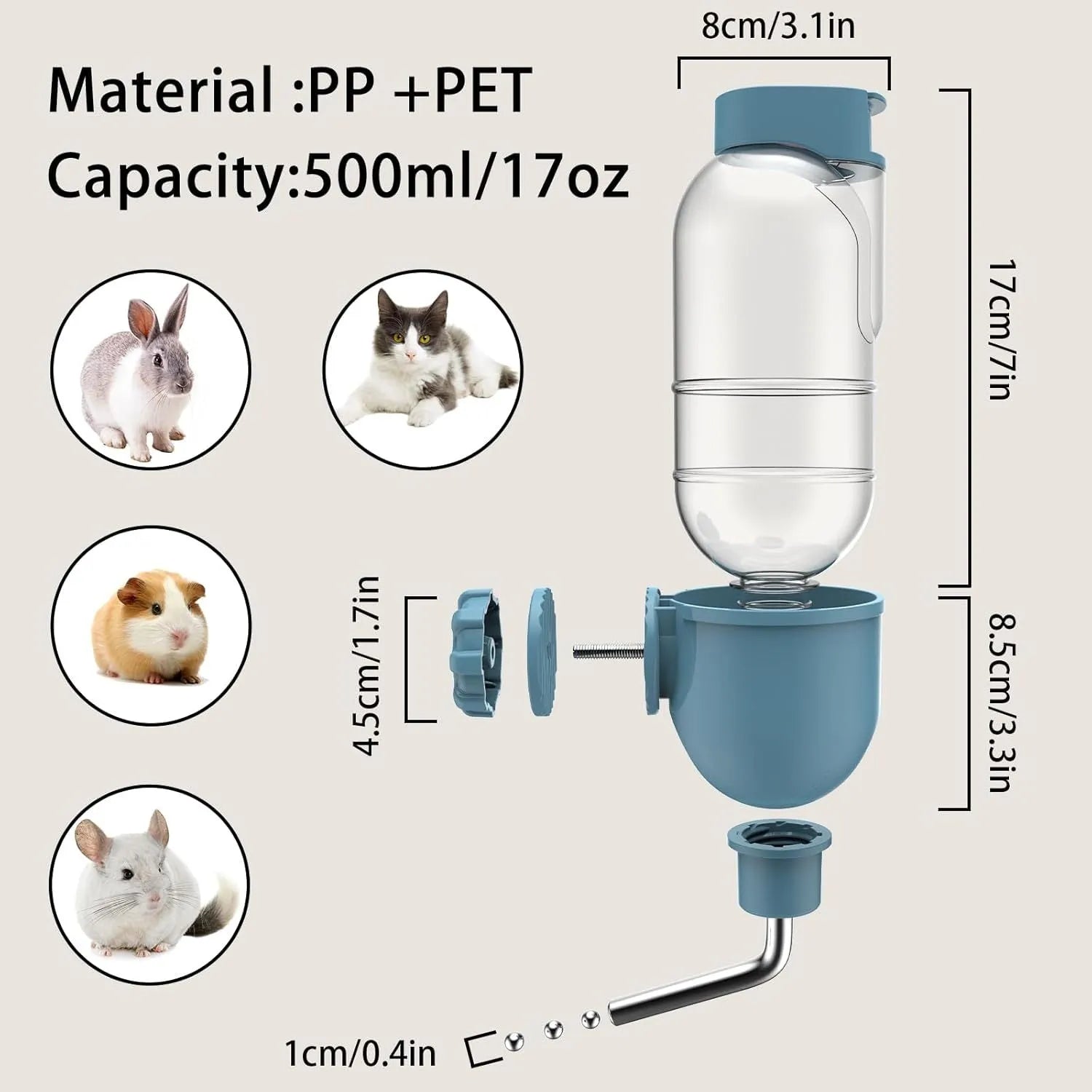 Blue pet water bottle with rotating nozzle mounted on cage bars for small animals