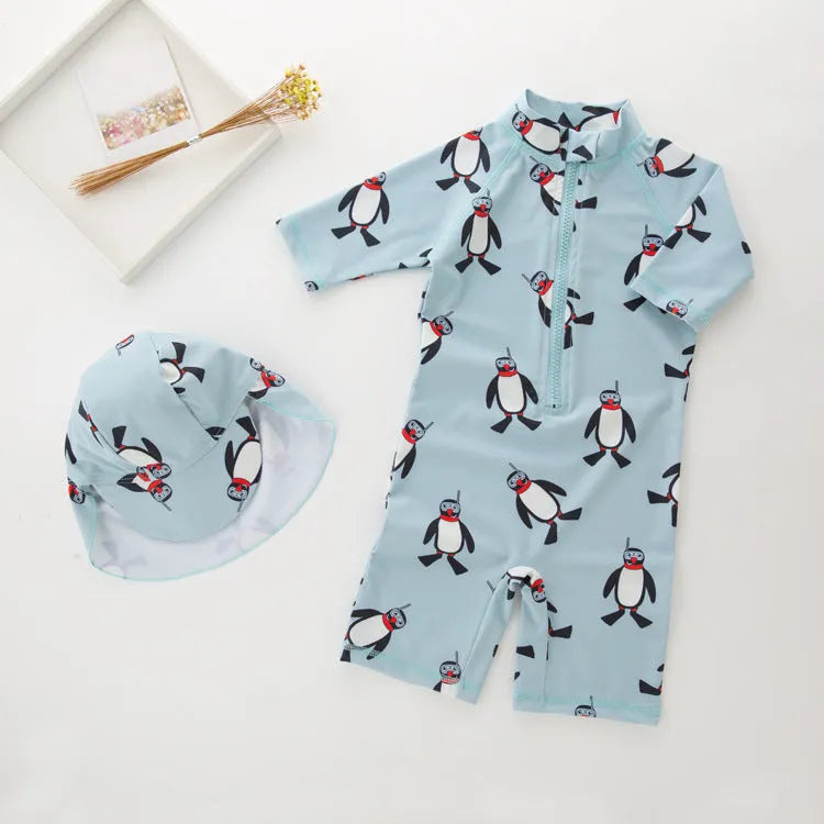 Boys' penguin print long sleeve swimsuit with matching swimming cap for sun protection