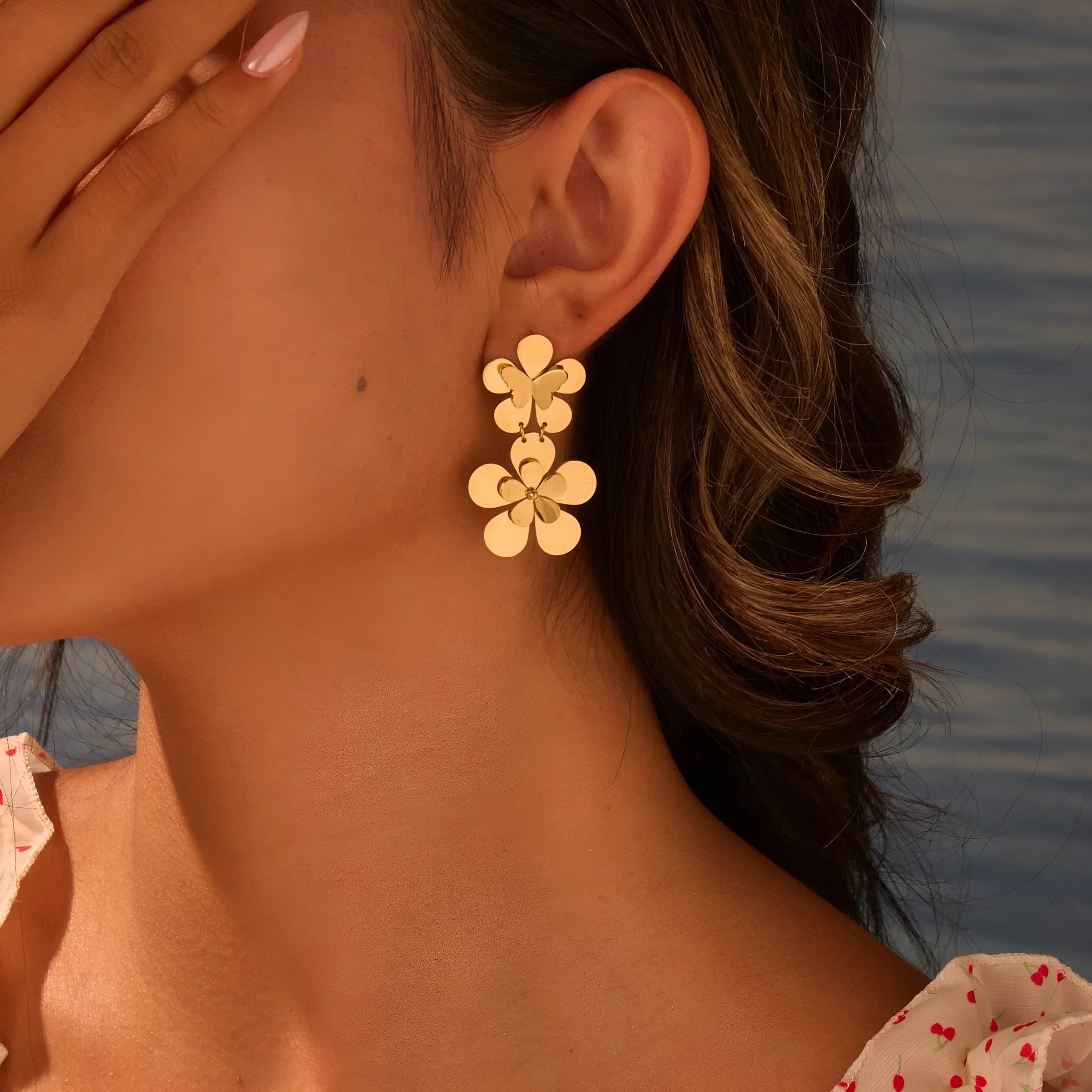 Gold flower butterfly stainless steel dangle earrings for women with 18K electroplating