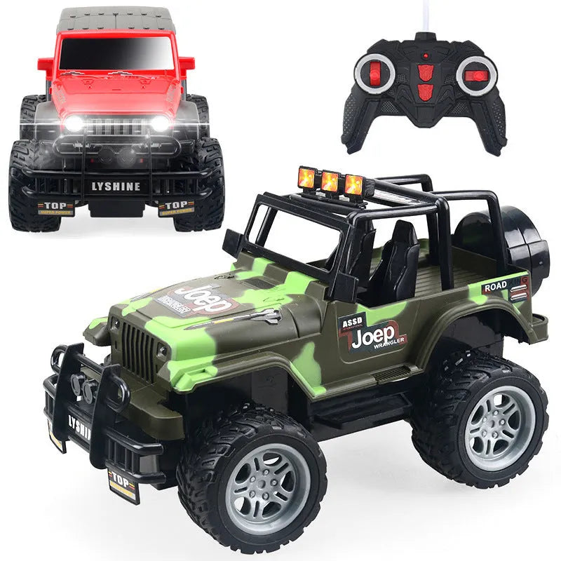 Children's plastic four-way remote control off-road car with flashing lights in green