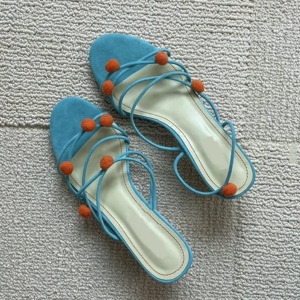 Cyan leather lace-up high-heeled sandals with open toe and thin strap design