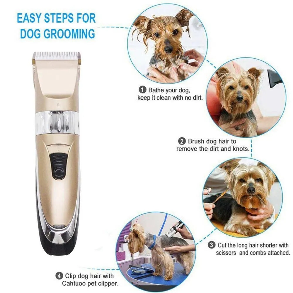 Professional pet clipper with titanium ceramic blade and 4 positioning combs in photo colour