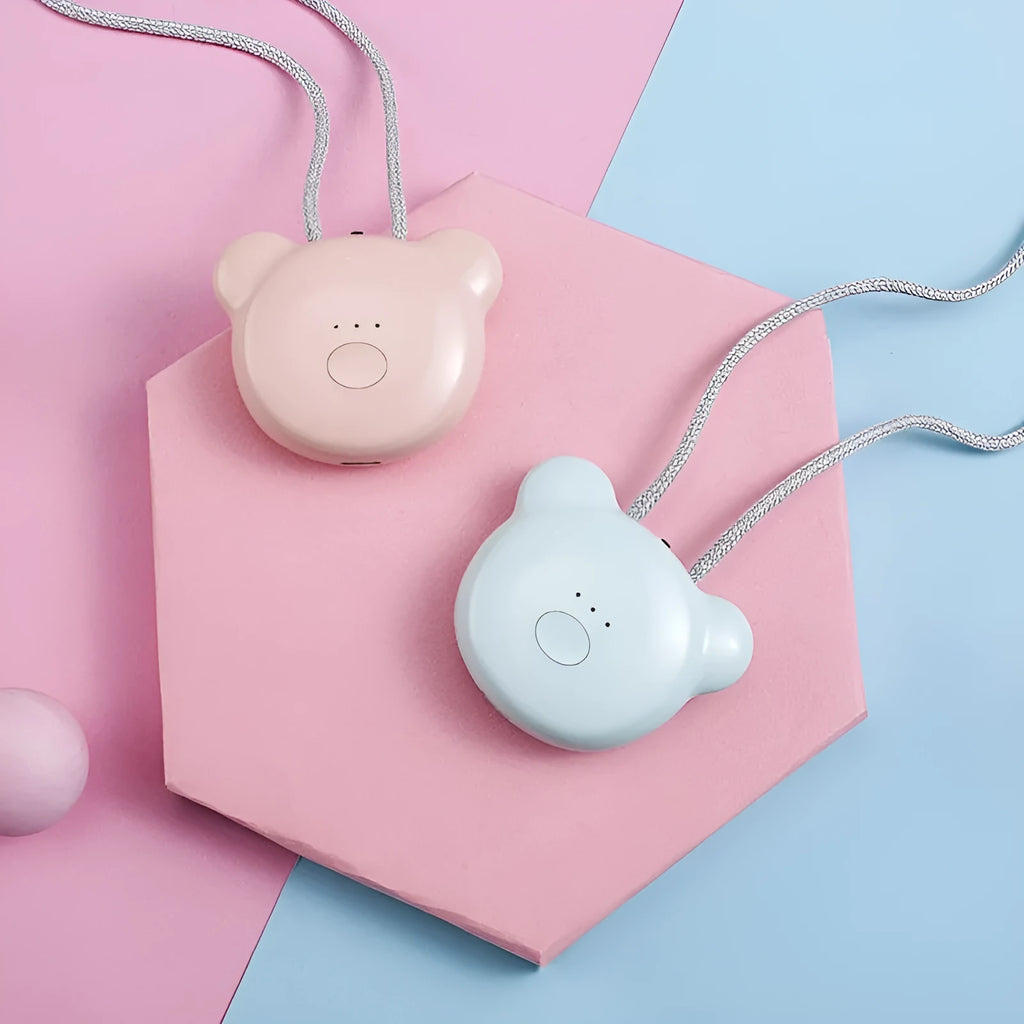 USB portable air purifier necklace in blue, pink, grey or white colour options.