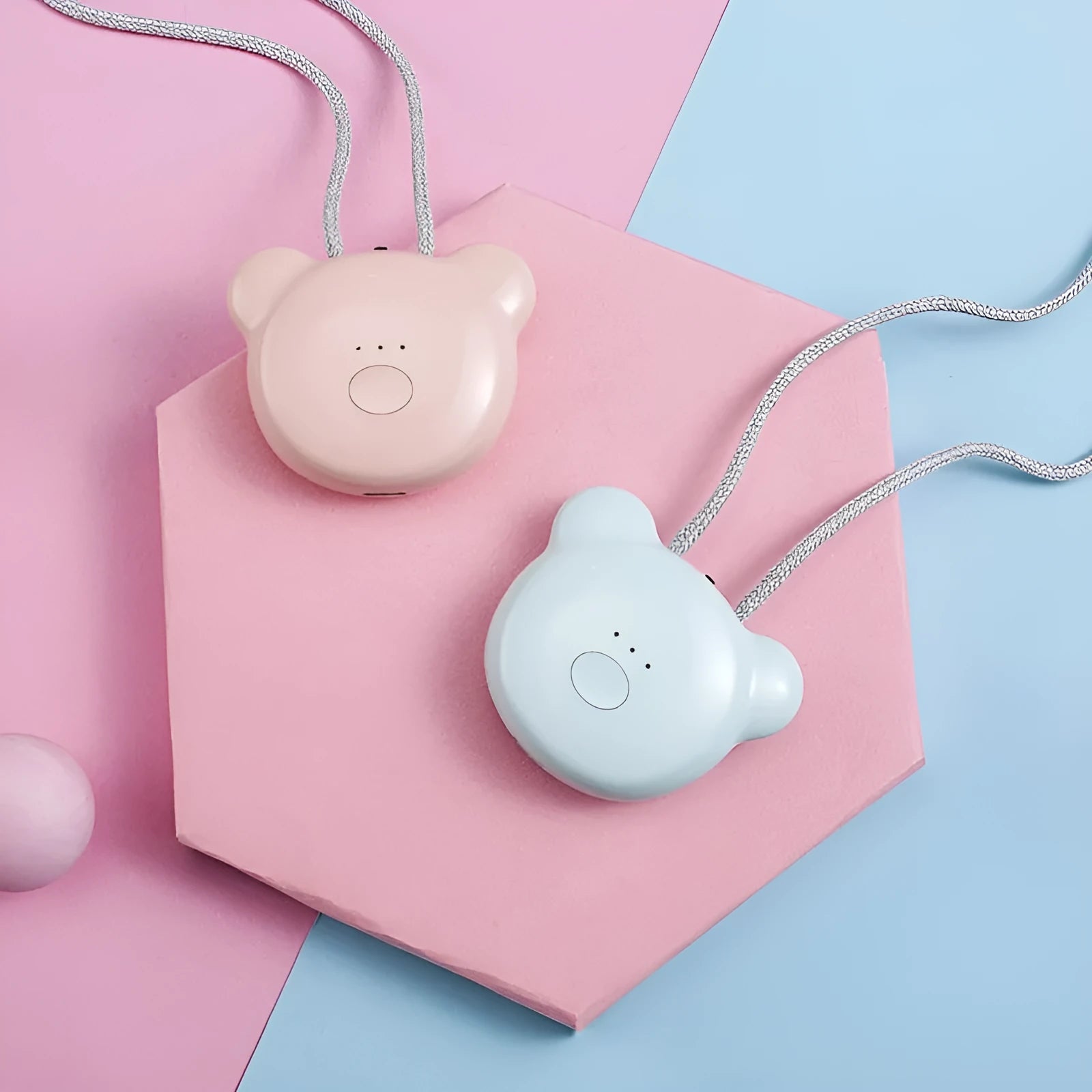 USB portable air purifier necklace in blue, pink, grey or white colour options.