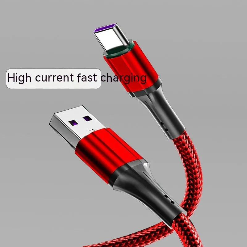 Woven nylon USB-C fast charging cable in red, black, or green colours showing braided texture
