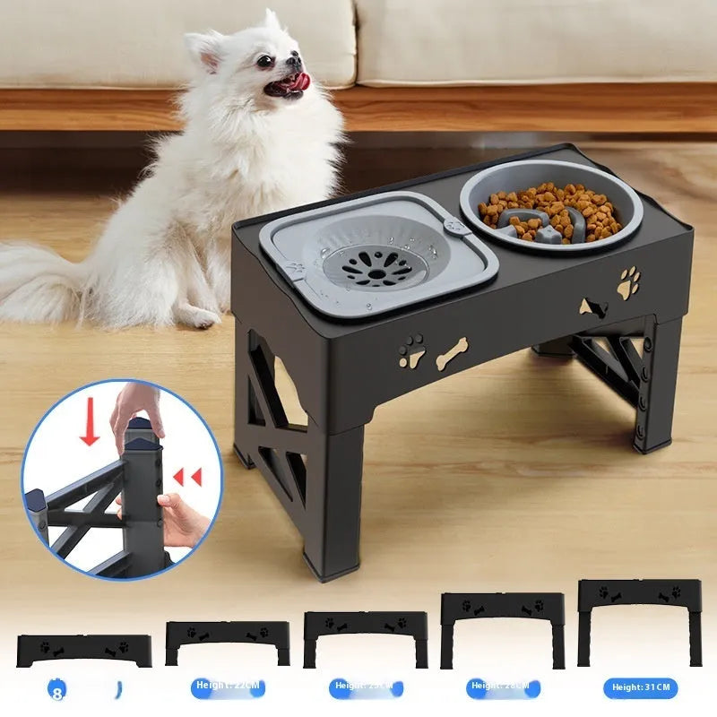 Pet stainless steel double bowl integrated lifting dog feeder in black and gray with silicone base on floor