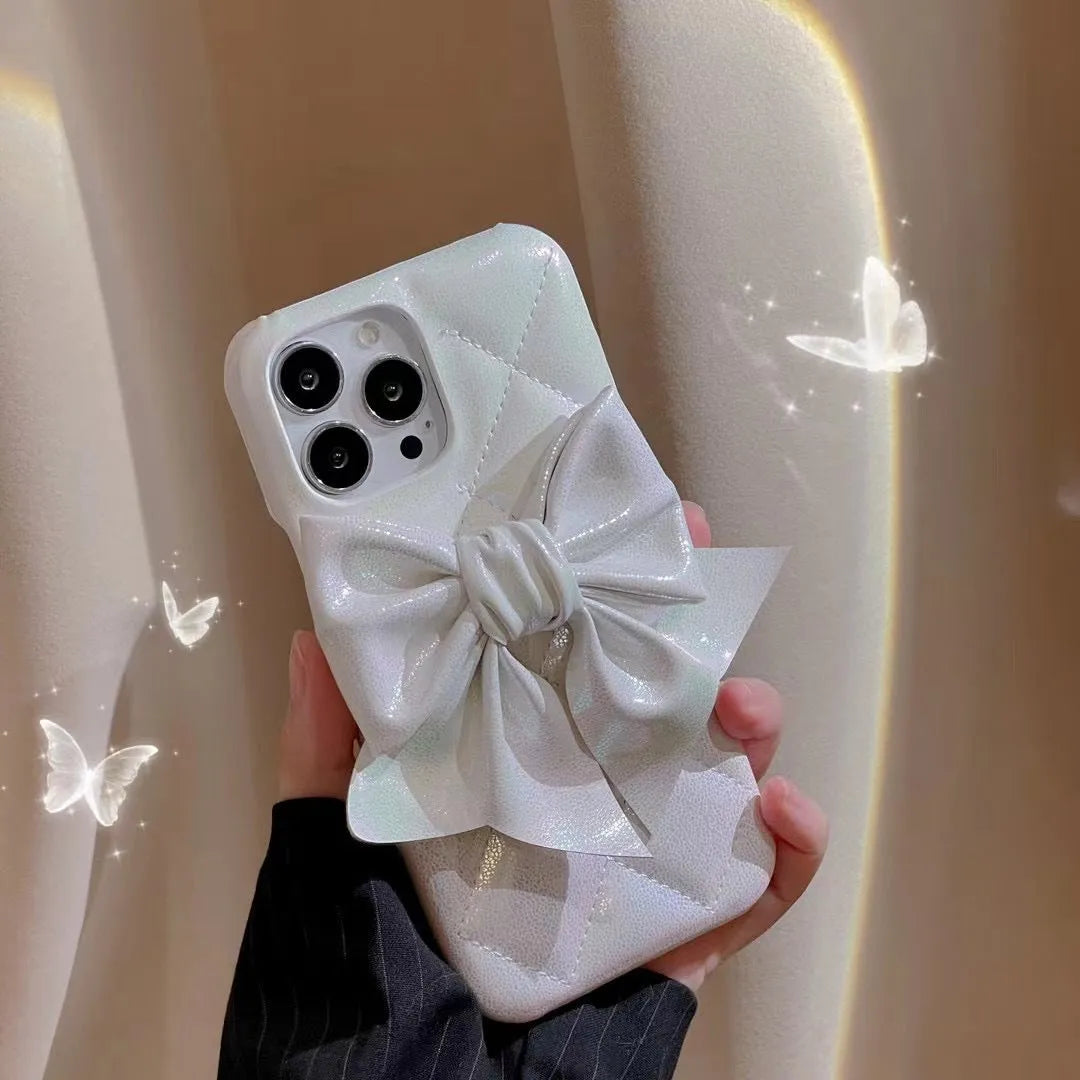 White bow phone case with fall protection, leather-style finish, compatible with iPhone 12-14 Pro Max