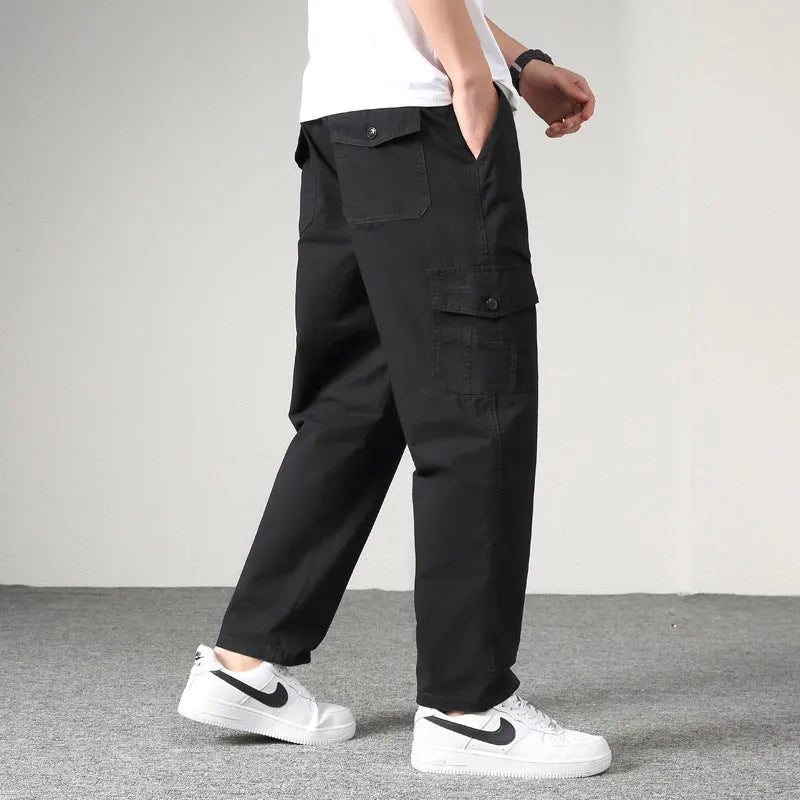 Men's cotton straight-leg casual pants in khaki, black, army grey, dark grey or light grey, sizes M to 6XL