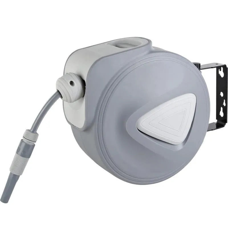 Automatic retractable hose reel with 10 metre PVC water pipe in compact drum housing for car washing and gardening