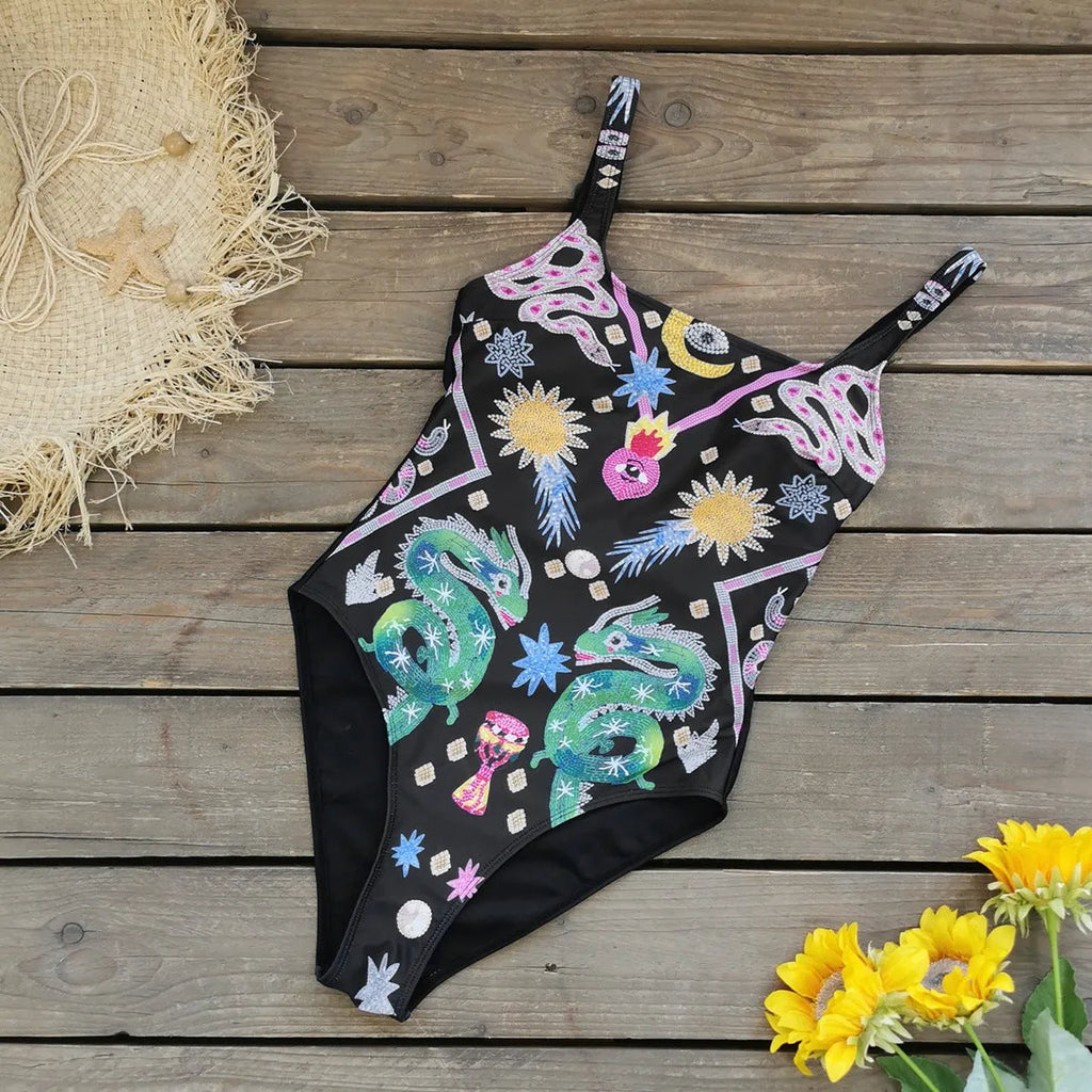 Backless print one-piece swimsuit for women with dragon snake flowers pattern on black background