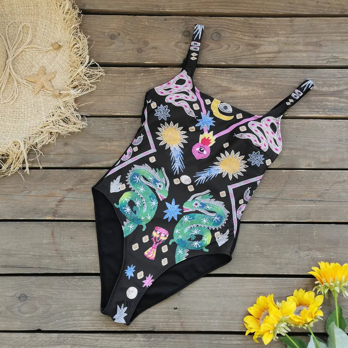 Backless print one-piece swimsuit for women with dragon snake flowers pattern on black background