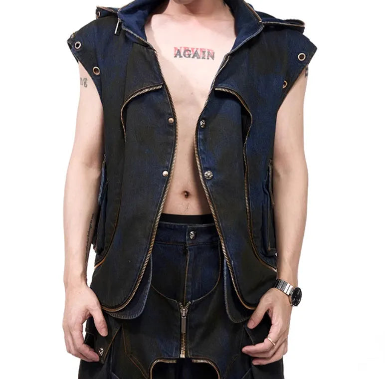 Blue Korean-style hooded denim vest coat with zipper front and matching trousers