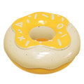 Pink, yellow, and chocolate brown donut-shaped TPR dog toy with textured surface.