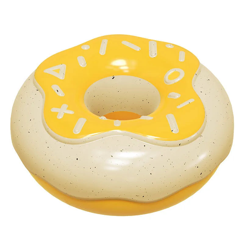 Pink, yellow, and chocolate brown donut-shaped TPR dog toy with textured surface.